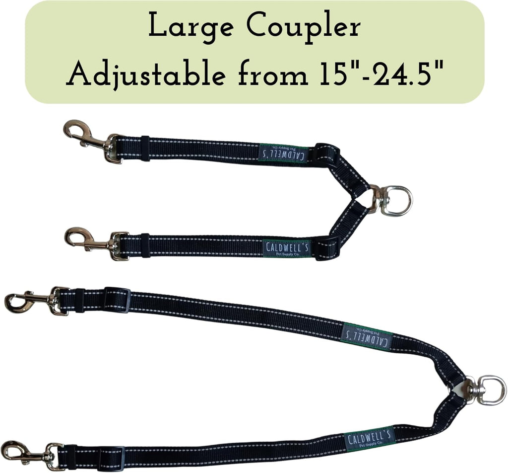 Caldwell's Pet Supply Co. tangle-free two dog lead connector demonstrating reflective stitching detail.