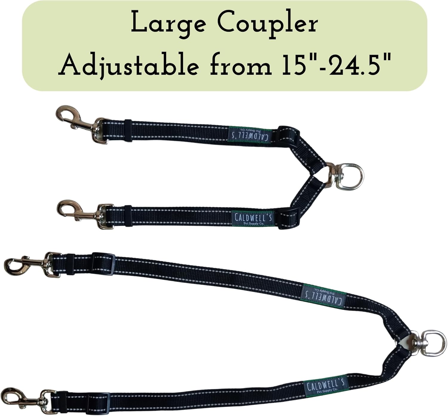Caldwell's Pet Supply Co. tangle-free two dog lead connector demonstrating reflective stitching detail.