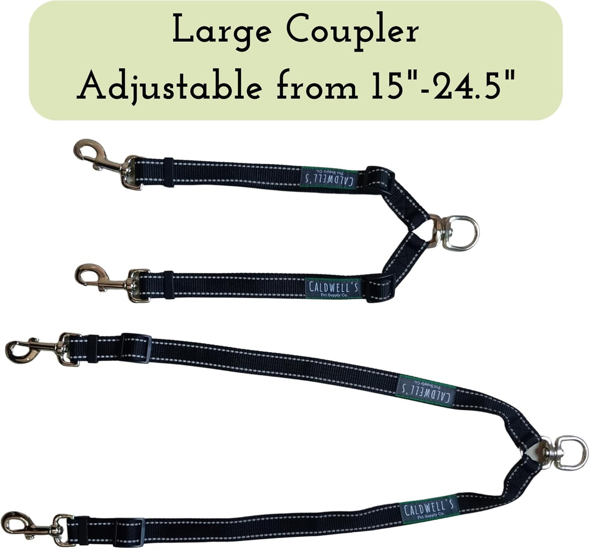 Caldwell's Pet Supply Co. tangle-free two dog lead connector demonstrating reflective stitching detail.