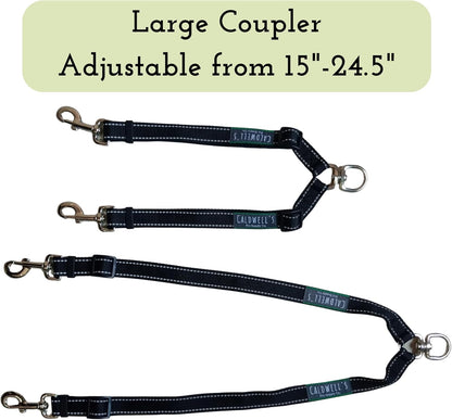 Caldwell's Pet Supply Co. tangle-free two dog lead connector demonstrating reflective stitching detail.