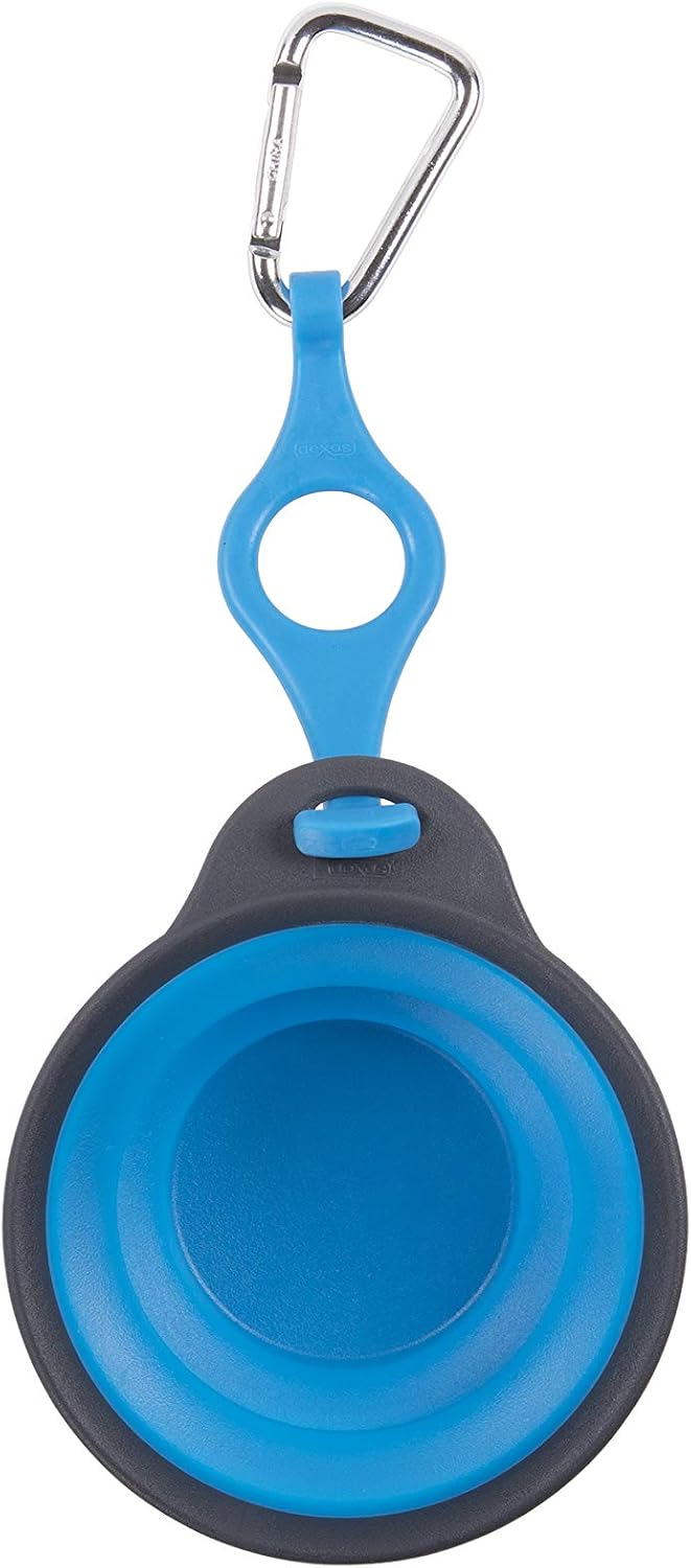 Dexas light gray folding pet bowl showing the secure rim and attachment loop