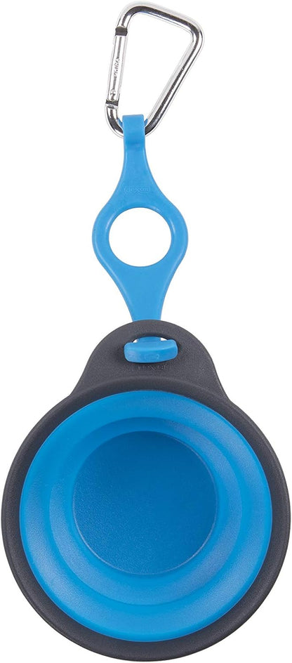 Dexas light gray folding pet bowl showing the secure rim and attachment loop