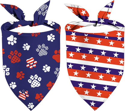 GHSJYO Patriotic Dog Bandanas front view showing blue paw print pattern on a golden retriever