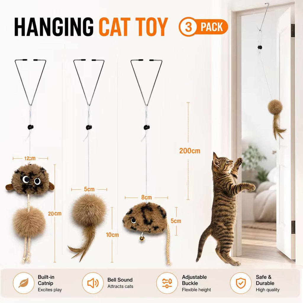 URMYONLY self play cat entertainment kit clipped securely onto a white wooden door frame.