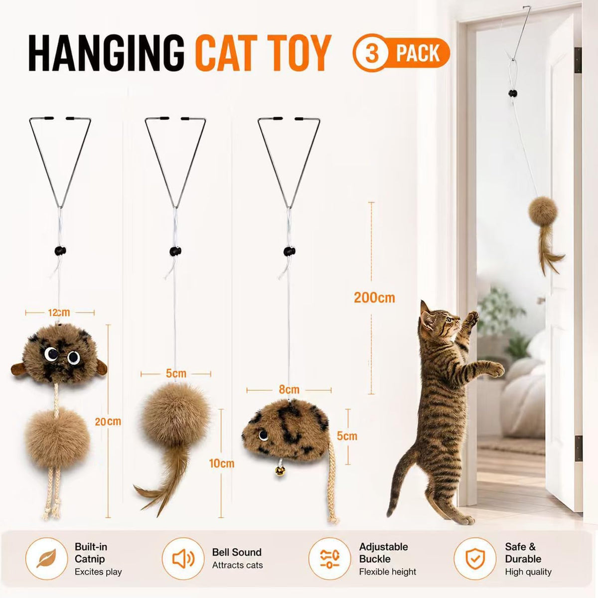 URMYONLY self play cat entertainment kit clipped securely onto a white wooden door frame.