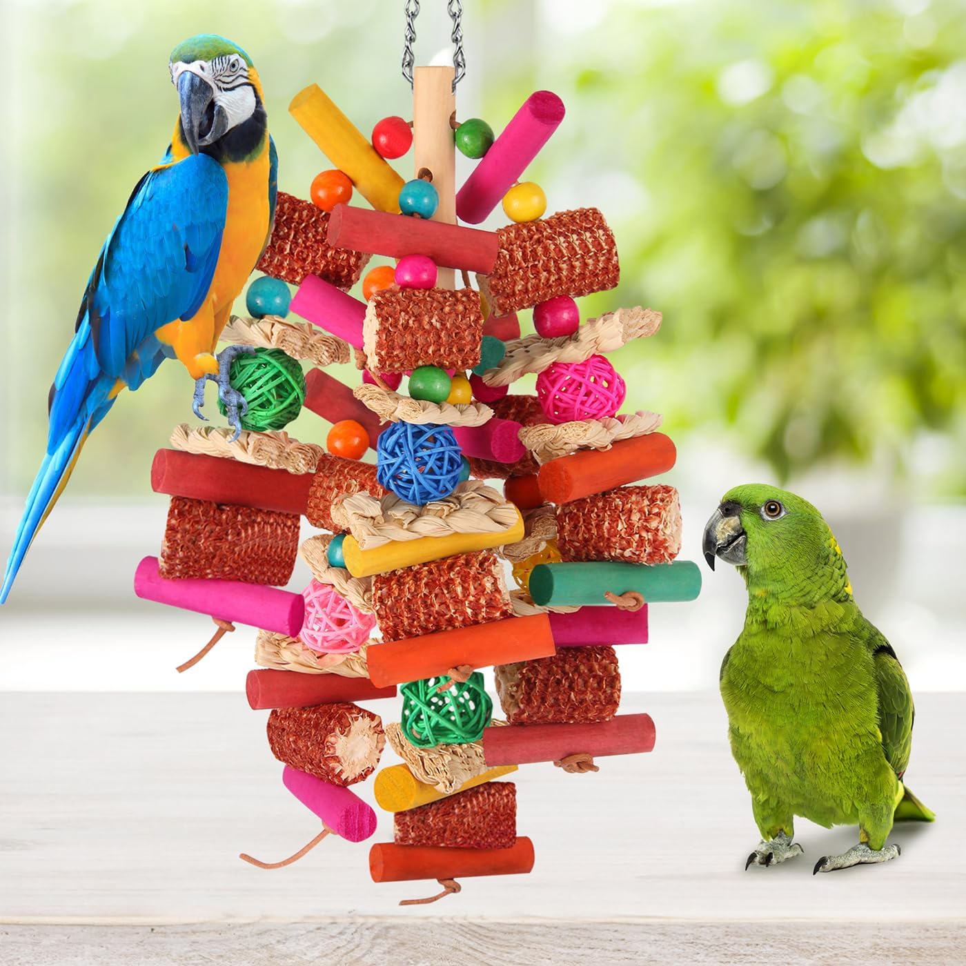 Pet bird engagement toy designed for cockatiels budgies and medium conures.