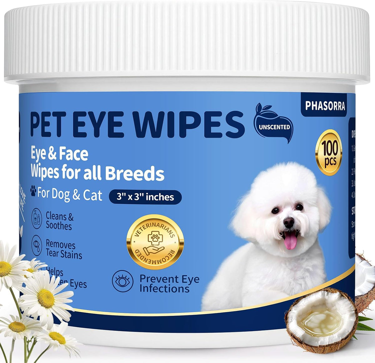 Phasorra hypoallergenic pet eye wipes front packaging view for tear stain removal