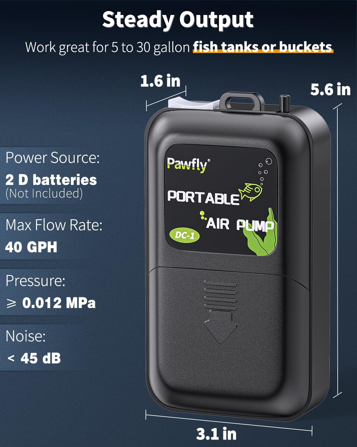 Side profile of Pawfly portable 40 GPH oxygen aerator