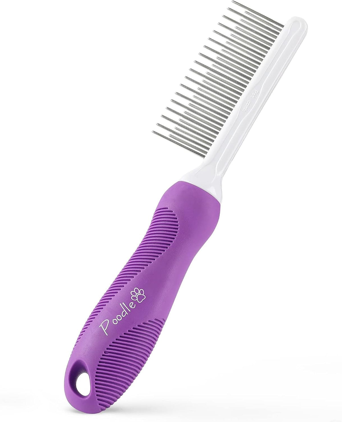 Poodlie pet dematting rake showing ergonomic rubber grip handle