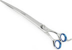 Laazar curved grooming scissors resting on flat surface