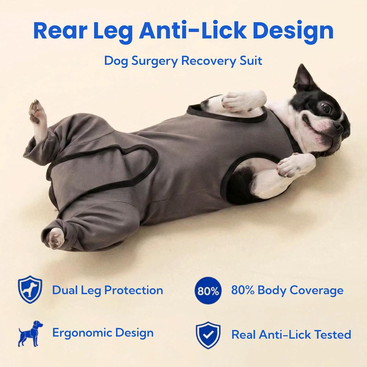 Gray dog surgery recovery bodysuit back zipper detail