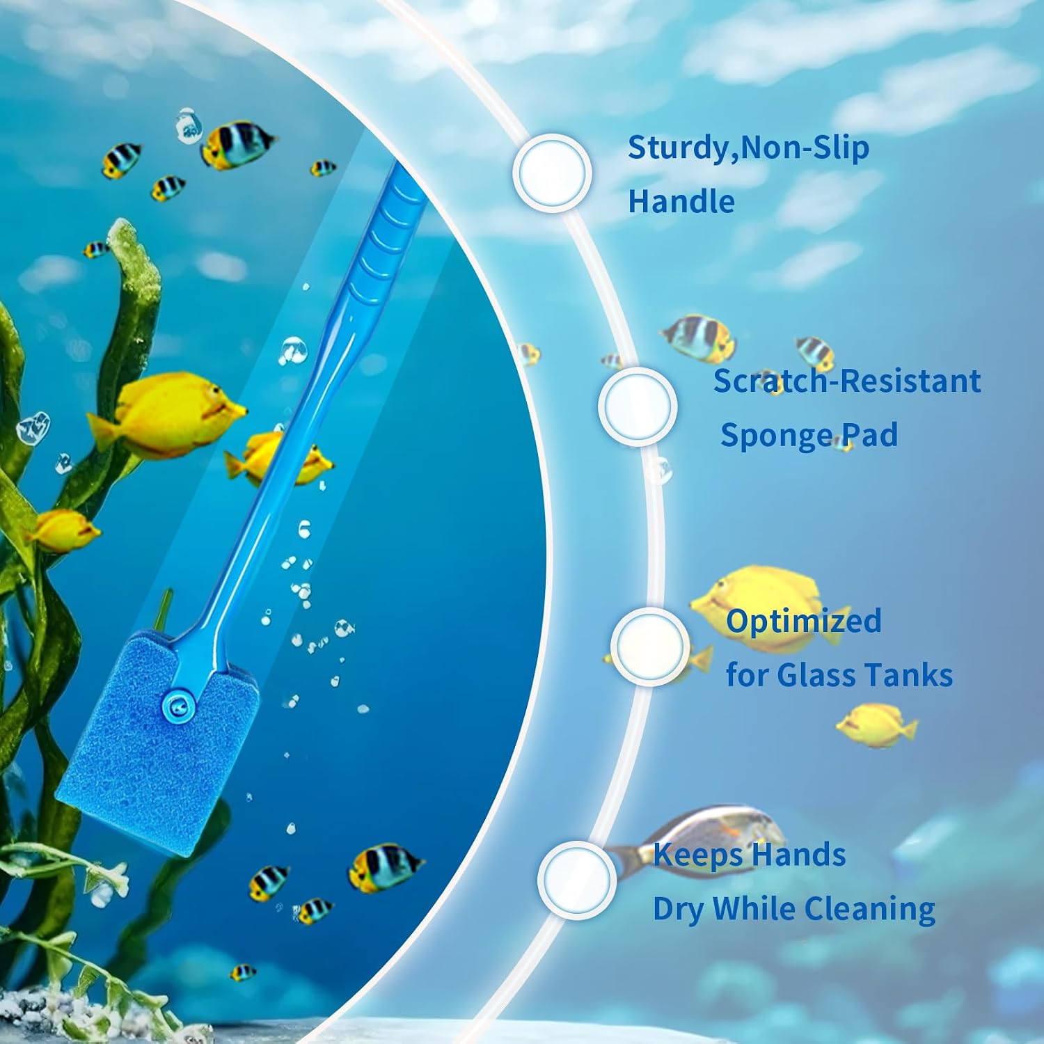 Long non slip plastic handle of the fish tank brush showcasing the ergonomic grip.