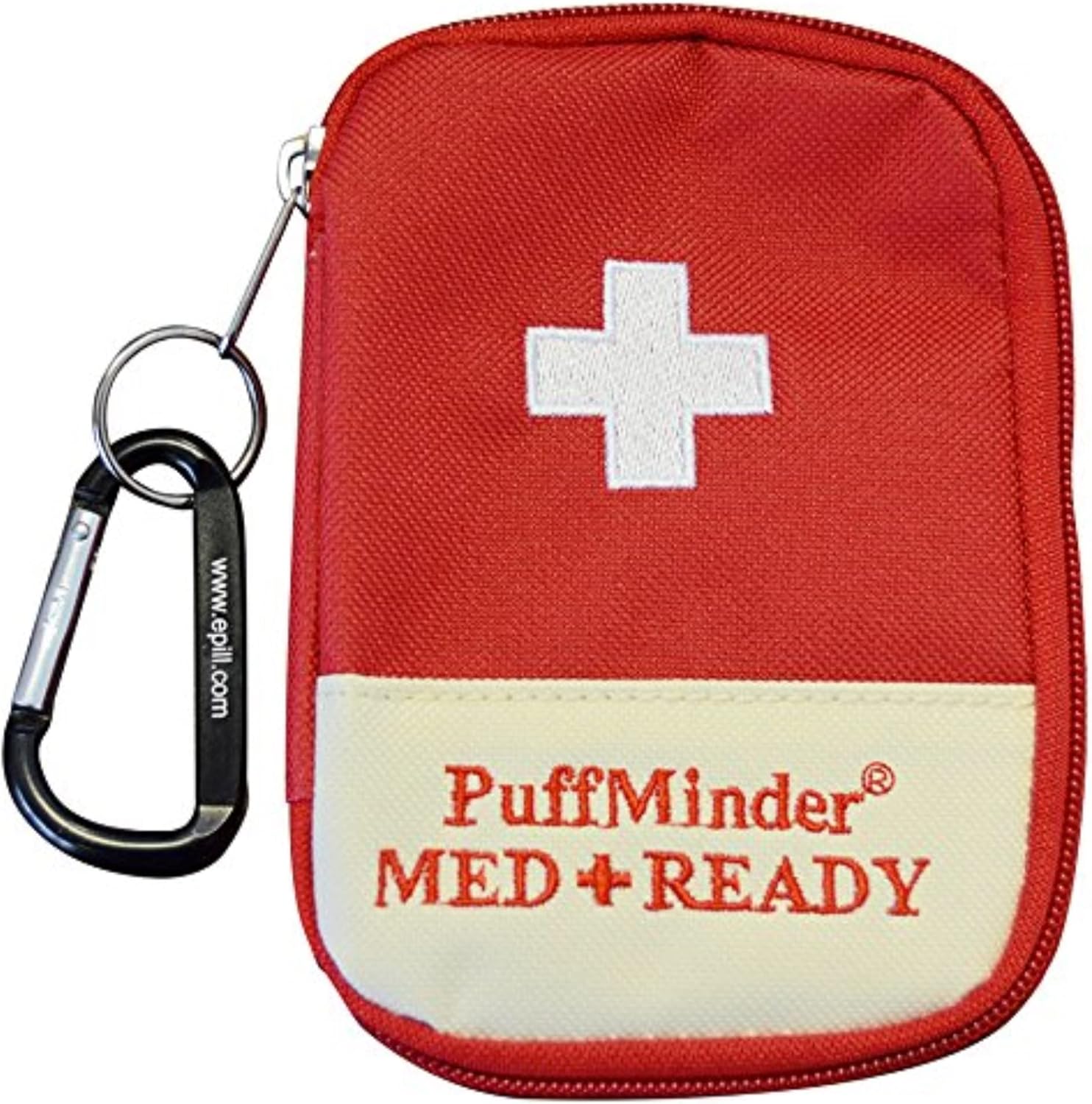 e-Pill Medication Reminders asthma inhaler travel case front view showing red color and first aid cross logo