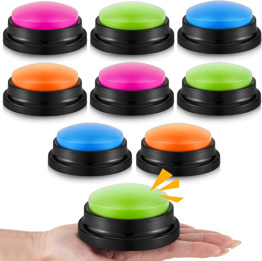 Honoson 8 Pieces Recordable Answer Buzzers Button front view displaying vibrant assorted colors for interactive games.