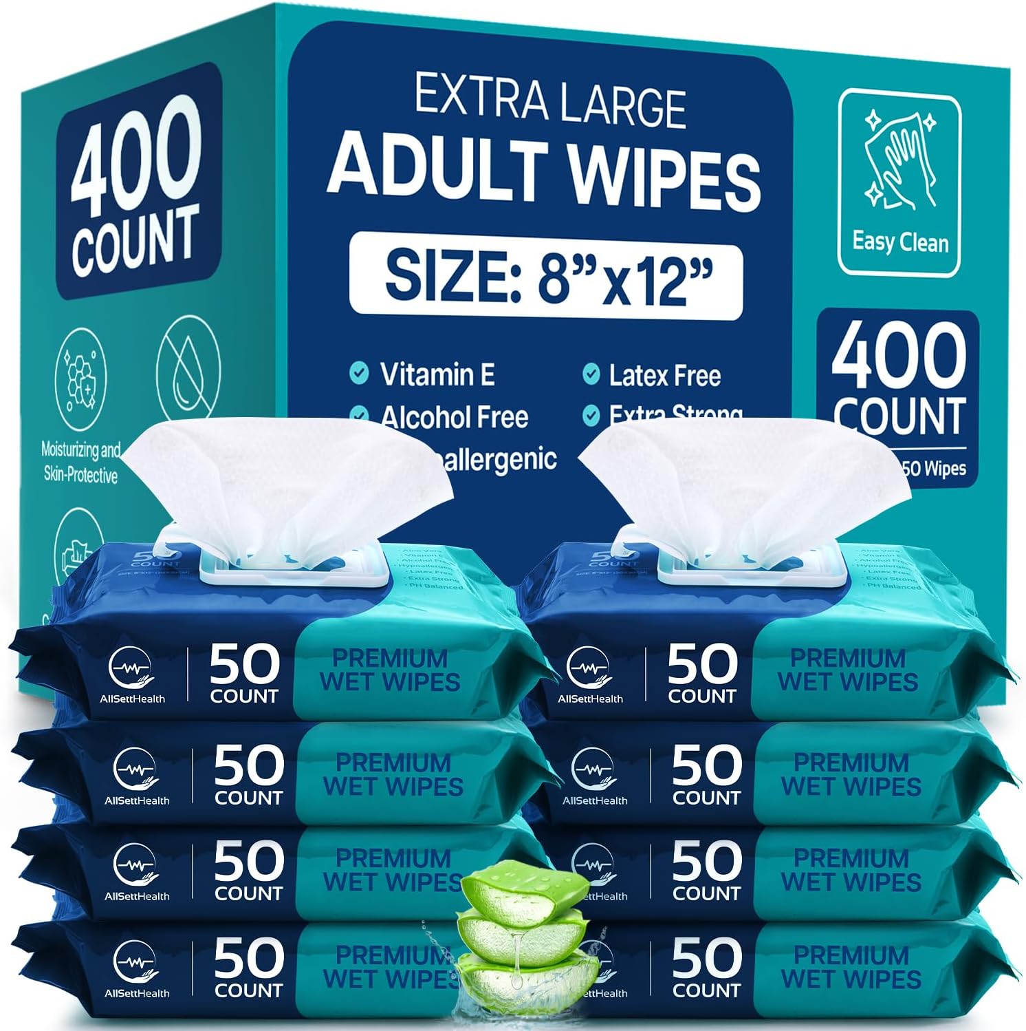 AllSett Health adult body wipes front packaging view for waterless bathing.