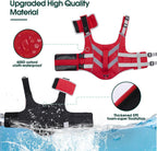 Adjustable quick release buckles and magic sticker straps on the side of a dog life preserver
