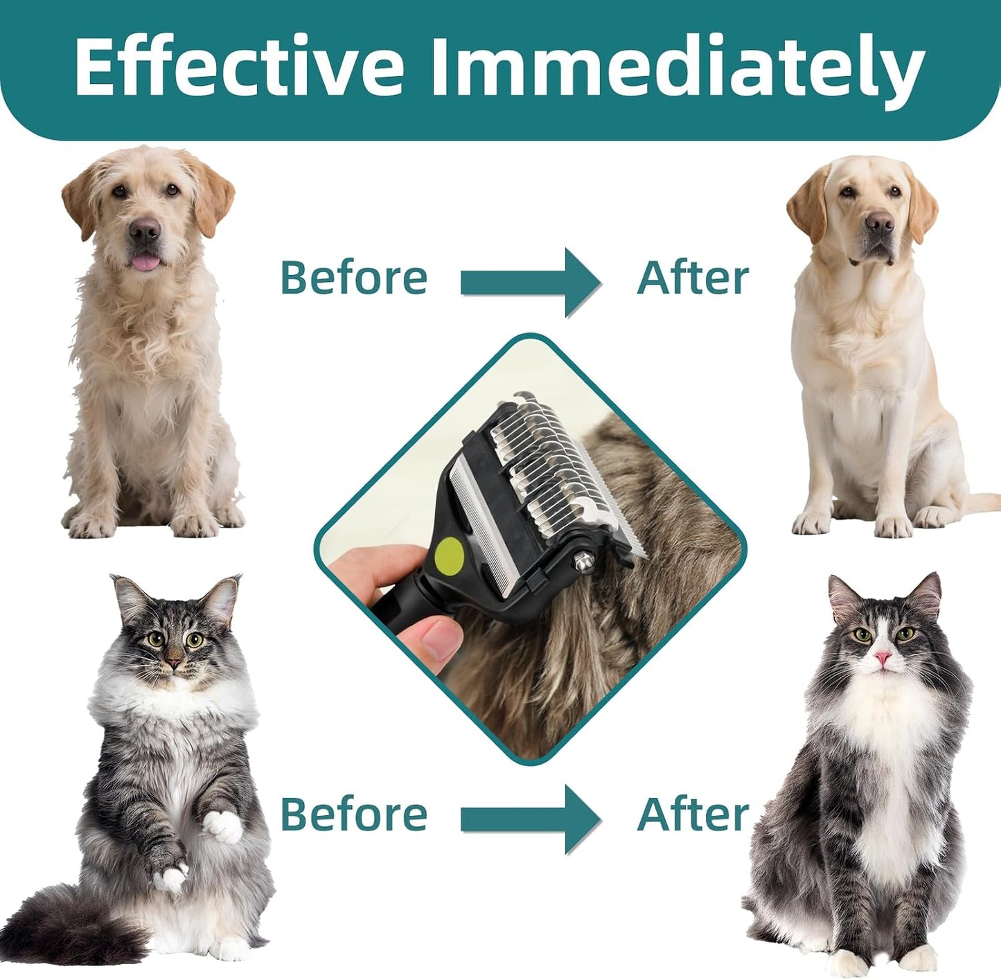 Pet grooming tool showing undercoat rake and deshedding sides
