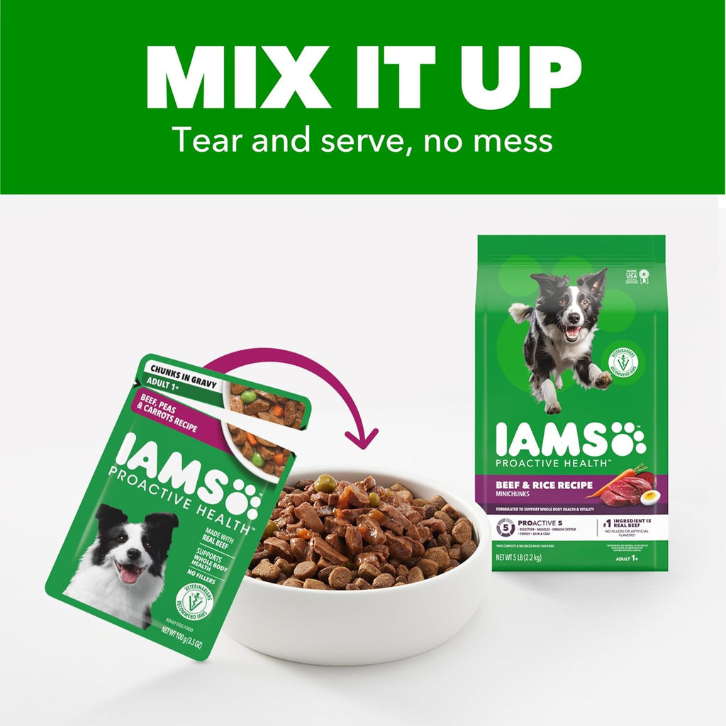 Top view of opened IAMS Proactive Health wet dog food pouch revealing real meat chunks in rich savory gravy.