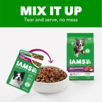 Top view of opened IAMS Proactive Health wet dog food pouch revealing real meat chunks in rich savory gravy.