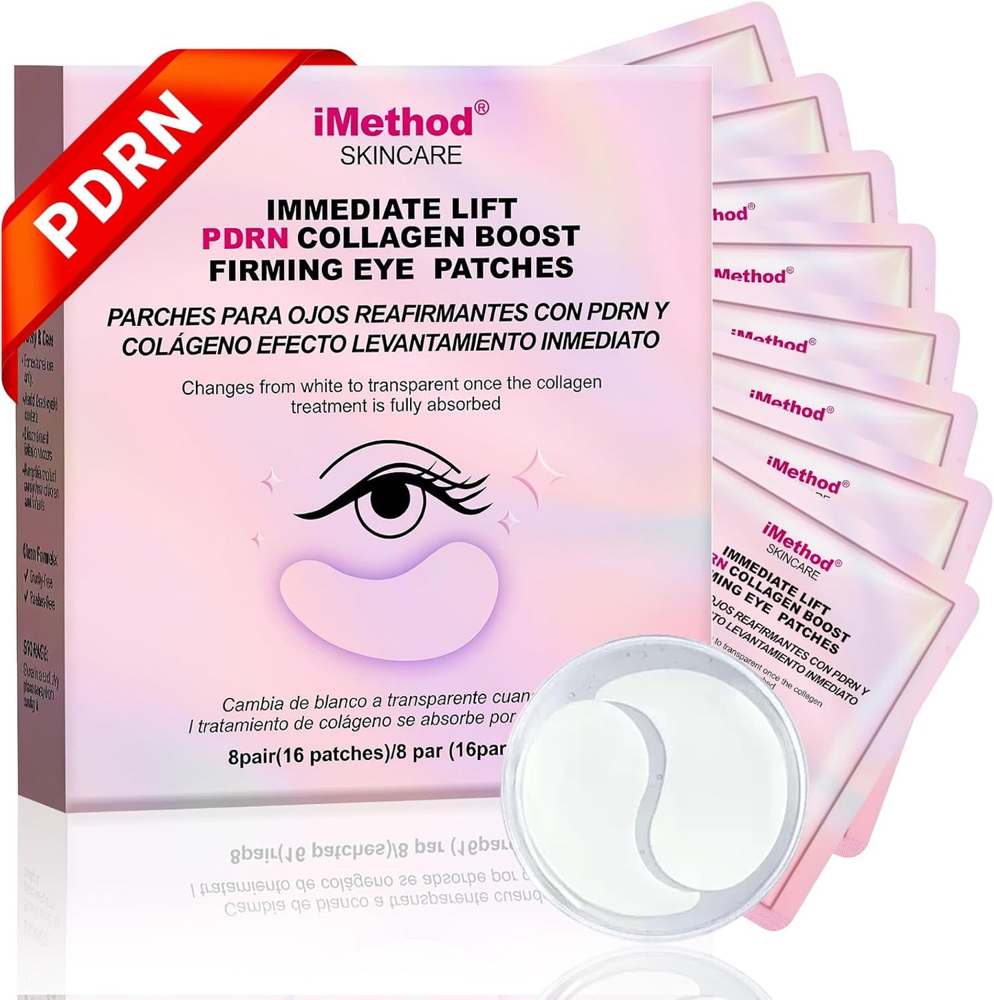 IMethod PDRN Collagen Boost Eye Patches front view of packaging and hydrogel masks for anti-aging care
