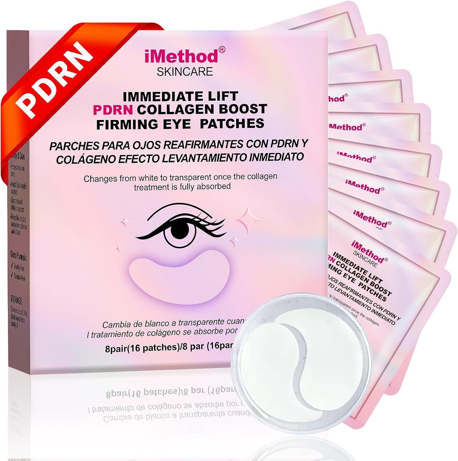 IMethod PDRN Collagen Boost Eye Patches front view of packaging and hydrogel masks for anti-aging care