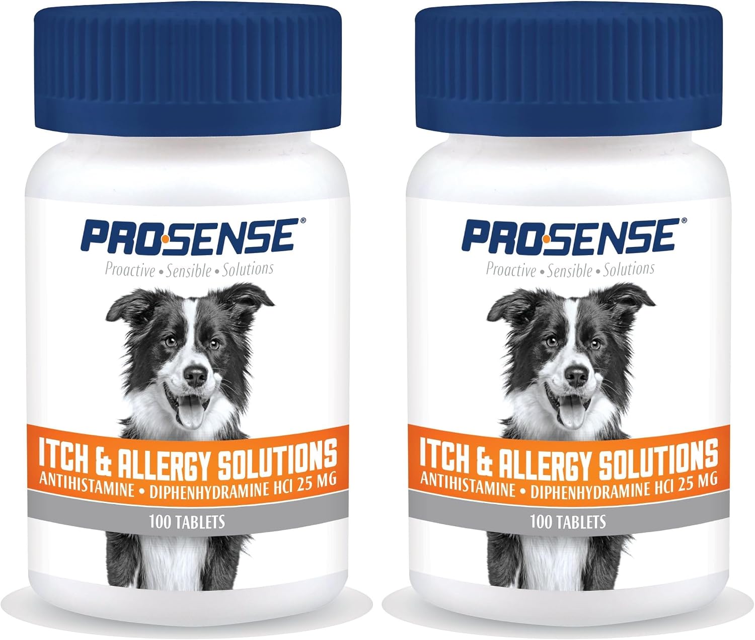 Side view of Pro-Sense canine allergy tablets demonstrating authentic product seals and details