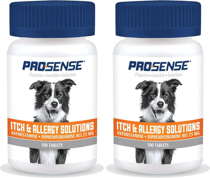 Side view of Pro-Sense canine allergy tablets demonstrating authentic product seals and details