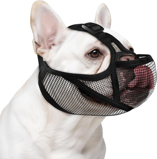 Ohcozzy black soft mesh muzzle for French Bulldog front view