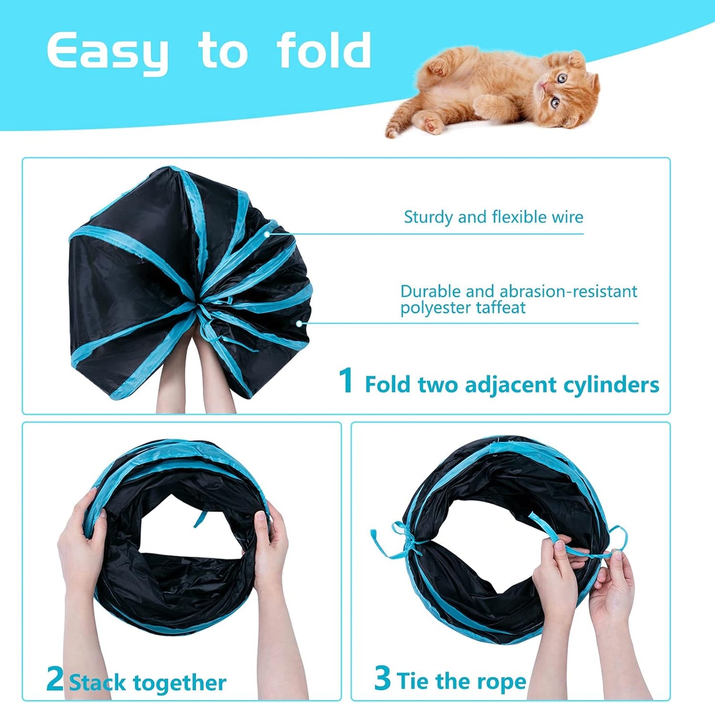 Sheldamy cat play tube completely collapsed and folded flat next to its matching storage bag.