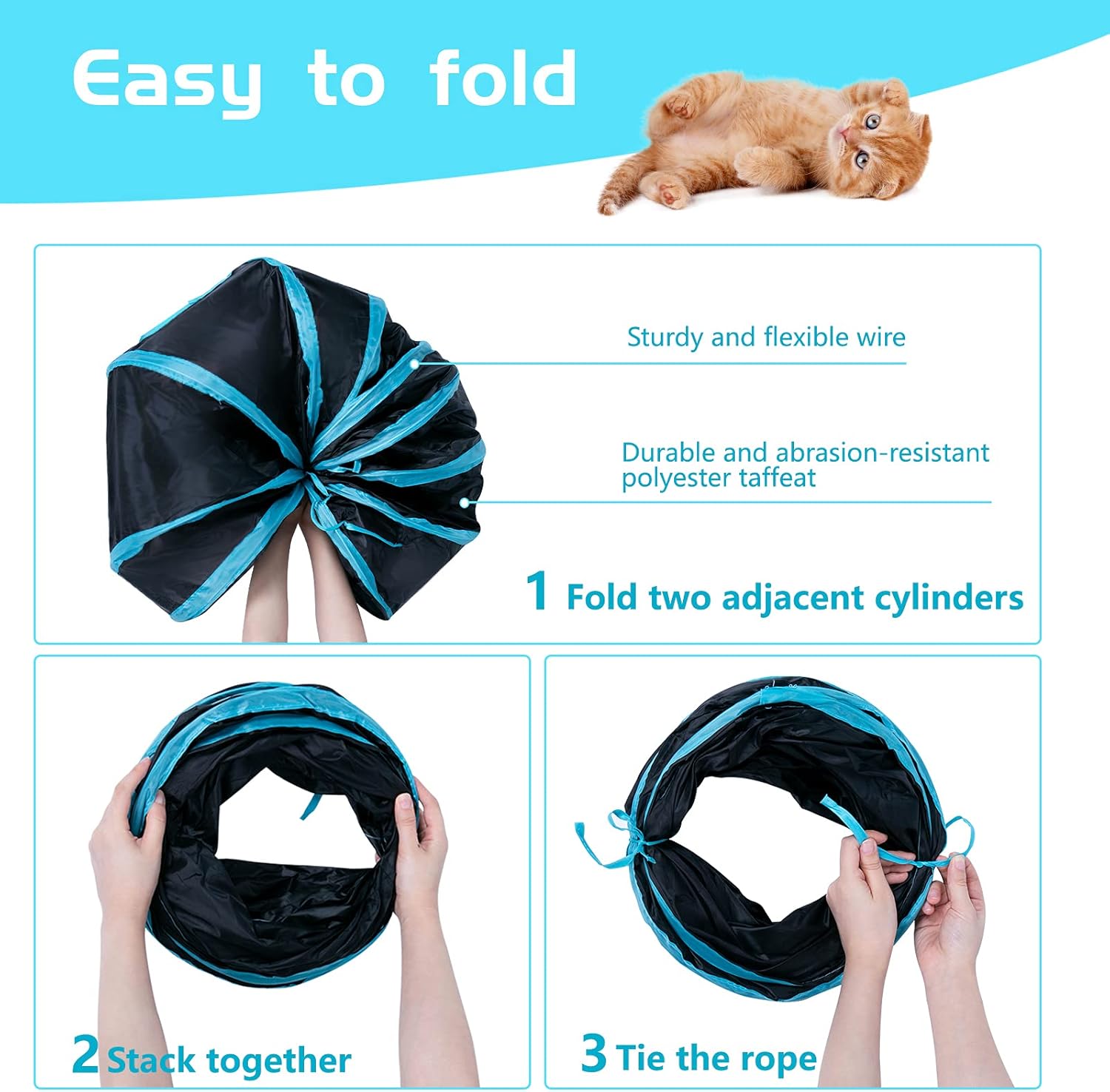 Sheldamy cat play tube completely collapsed and folded flat next to its matching storage bag.