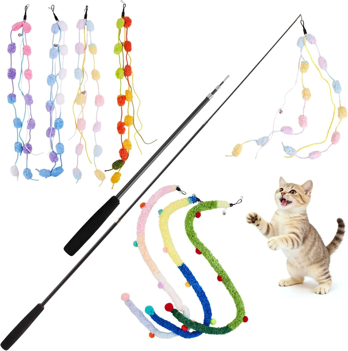 Vibrant pink blue and white plush strip attachments for indoor cat hunting play.