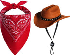 Choyaxo pet cowboy costume front view featuring brown hat and red bandana on a small dog.