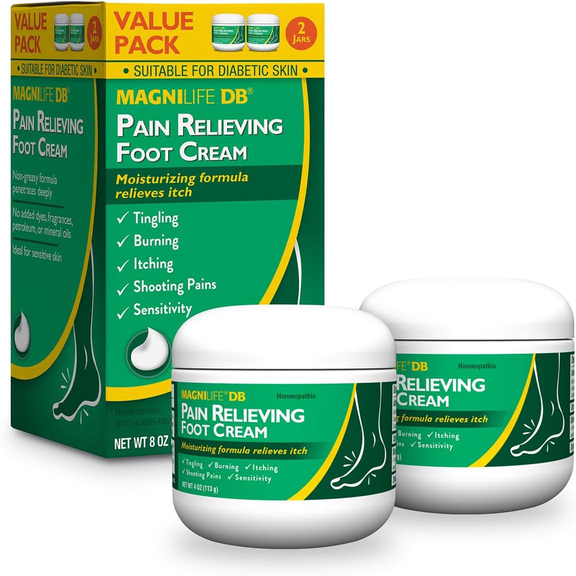 MagniLife DB Pain Relieving Foot Cream front view of the two pack packaging showcasing diabetic skin compatibility.