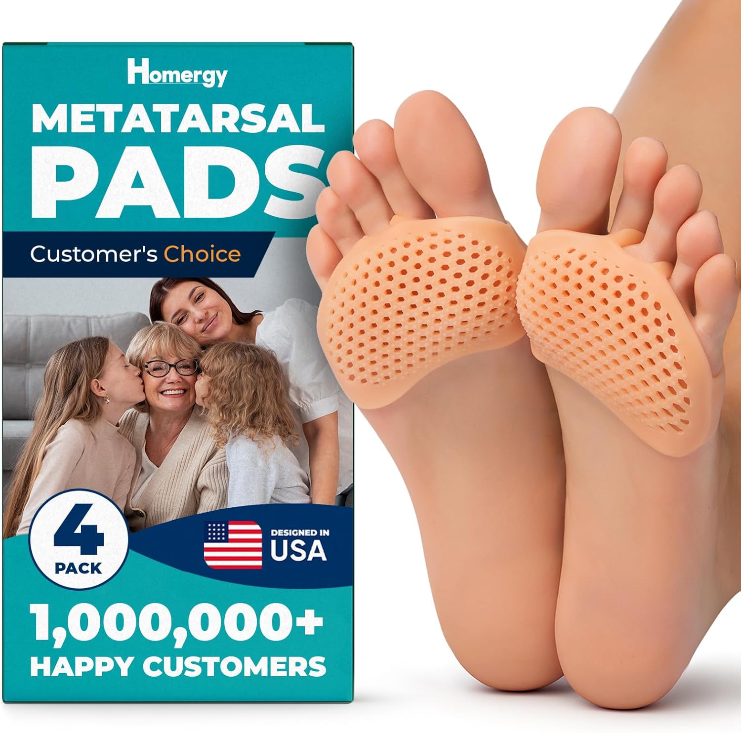 Homergy Metatarsal Foot Pads front view showing soft gel ball of foot cushions for pain relief.