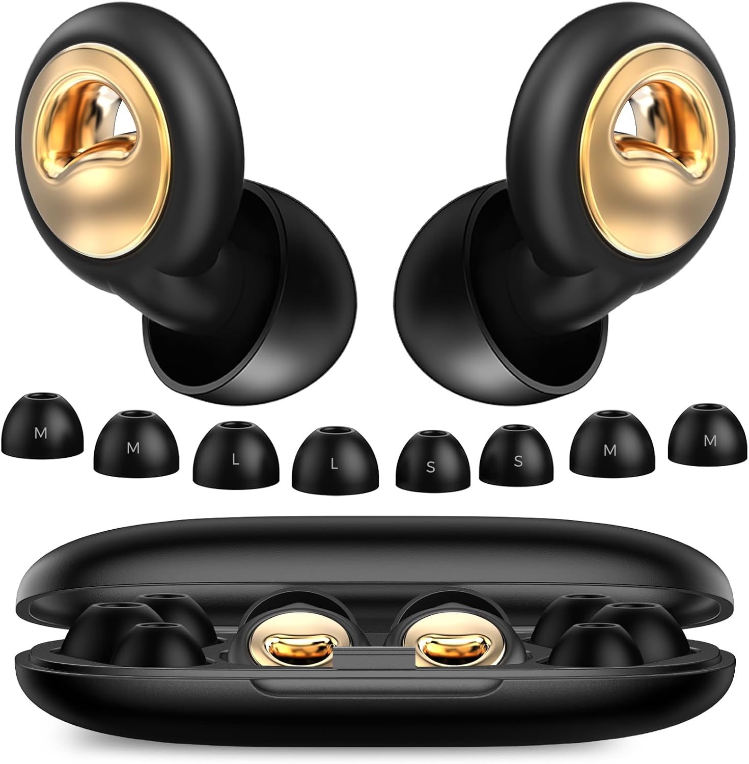 SWturK ear plugs for sleeping front view showing the black silicone body with gold accent detailing.
