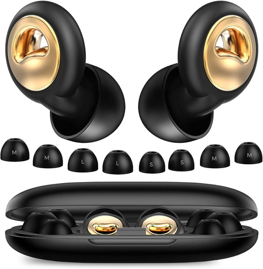 SWturK ear plugs for sleeping front view showing the black silicone body with gold accent detailing.