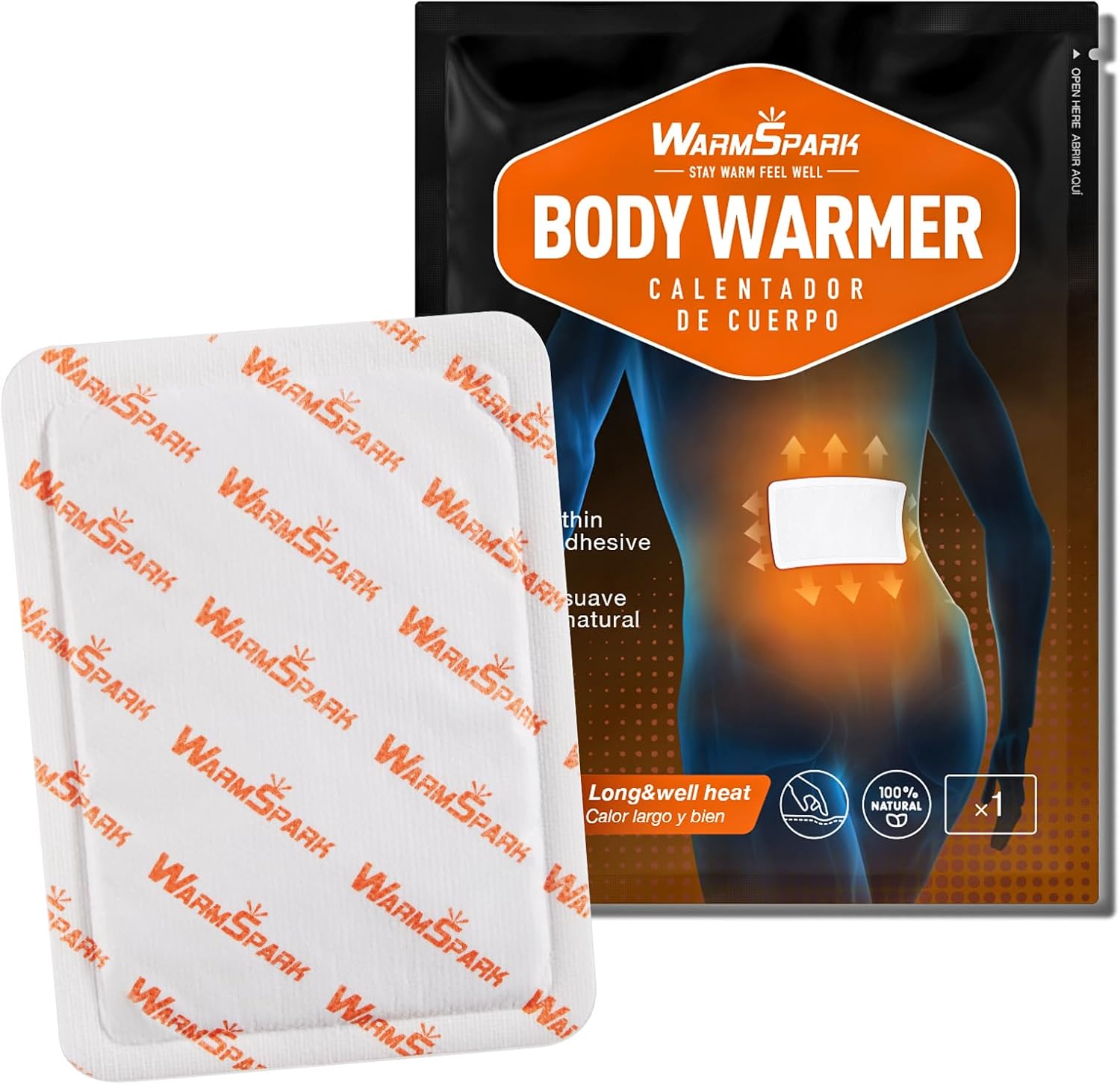 WarmSpark Adhesive Body Warmers packaging front view showing ten pack disposable air activated heat patches.