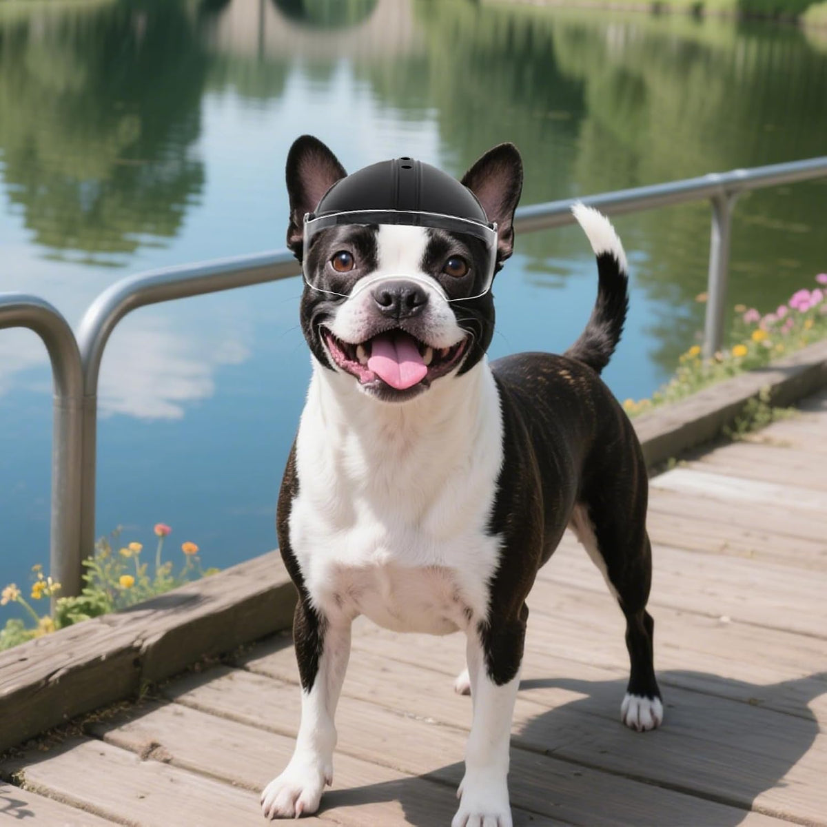 Small breed dog wearing Namsan helmet during outdoor travel