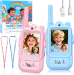 YUSSBCU kids video walkie talkie set front view showing blue and pink devices with clear display screens.