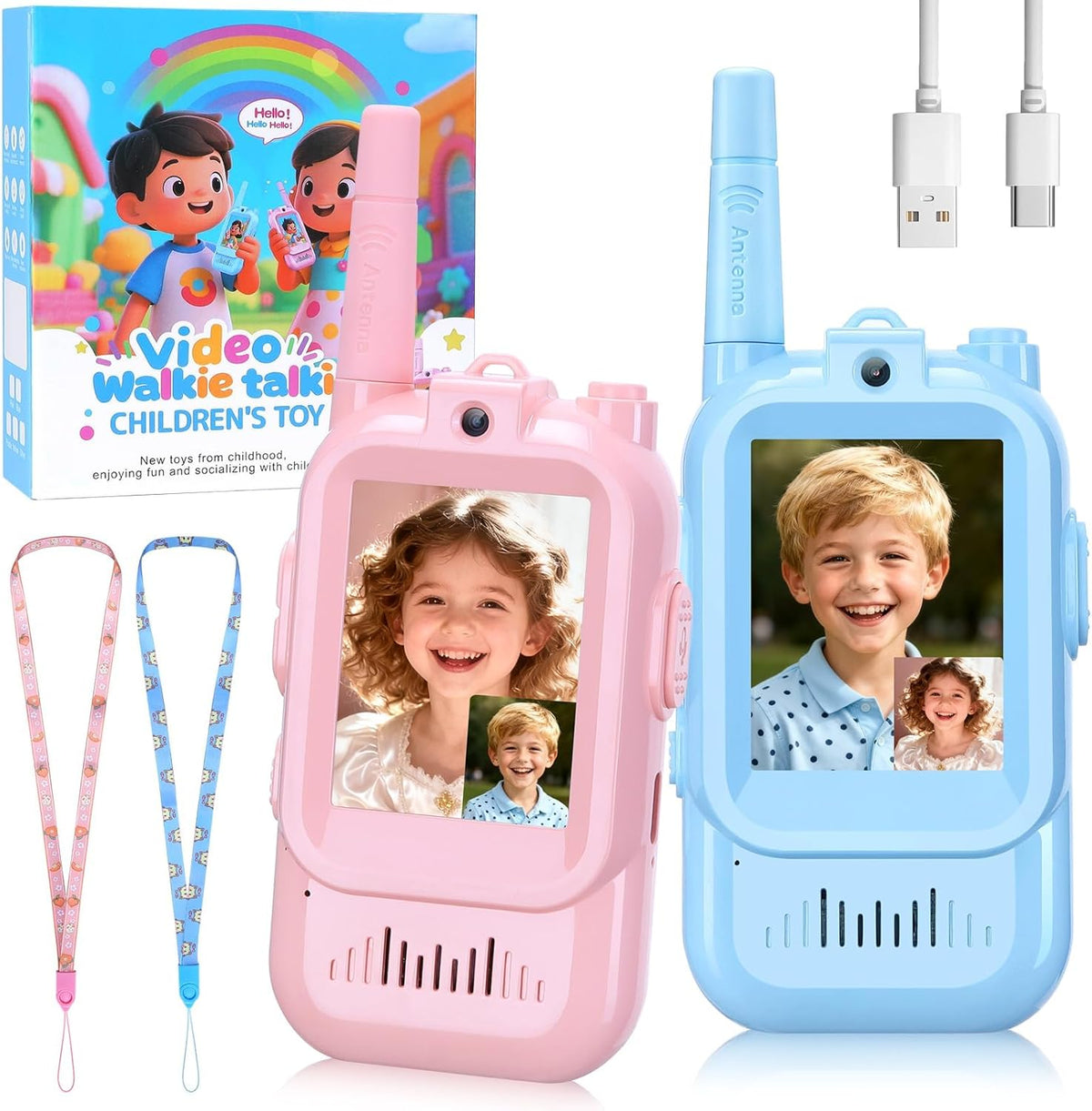 YUSSBCU kids video walkie talkie set front view showing blue and pink devices with clear display screens.