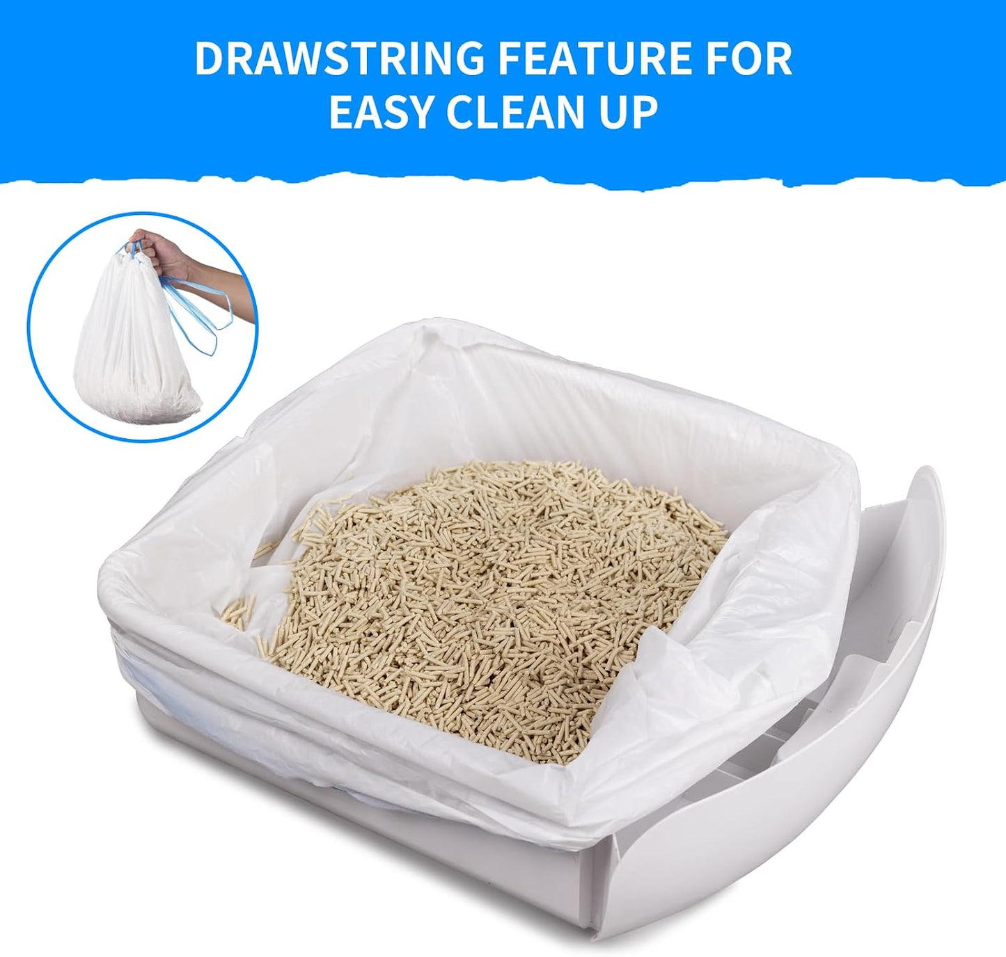 Easy drawstring pull design on BCHARYA self cleaning litter box liners