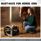 Khaki and black equestrian grooming caddy sitting on a wooden stable bench.
