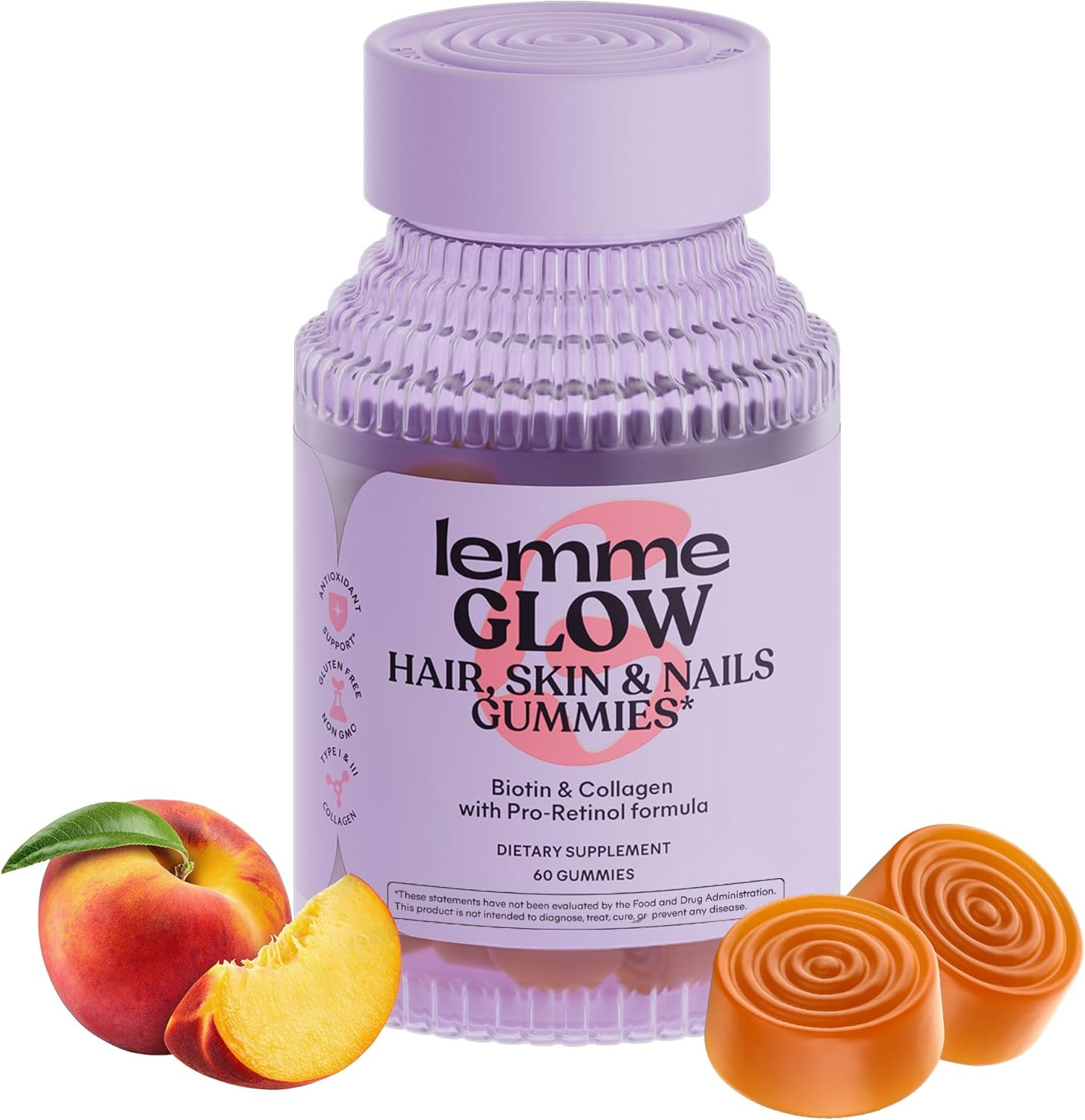 Lemme Glow Collagen Gummies for Thick Hair, Strong Nails & Healthy Skin with Multi-Collagen Peptides, Biotin, Trace Minerals, Zinc, Vitamins A, C & E, Dairy & Gluten Free, Peach Flavor, 60 ct. - Image 1