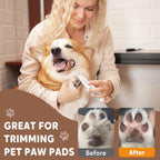 Electric pet paw trimmer with built-in LED light illuminating a dog's sensitive paw area.