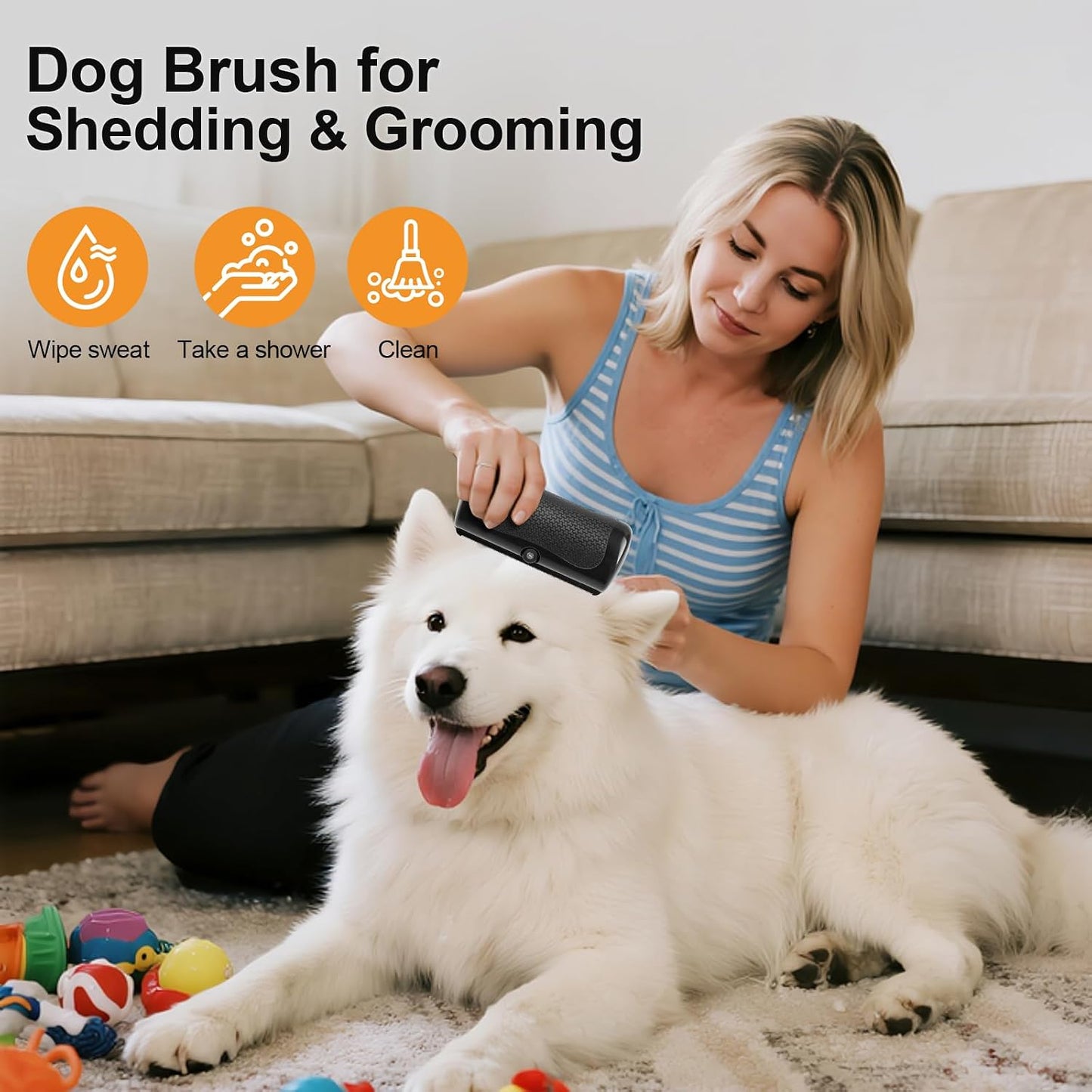 Groomi deshedding tool removing undercoat dander to relieve pet skin itchiness