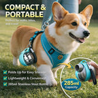 Petnf travel pet tumbler showing the blue foldable silicone bowl fully extended.