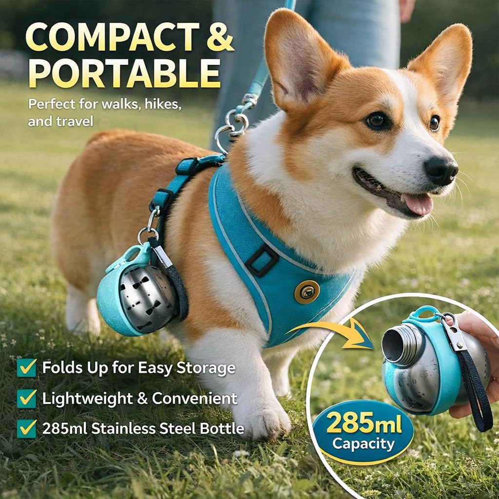 Petnf travel pet tumbler showing the blue foldable silicone bowl fully extended.