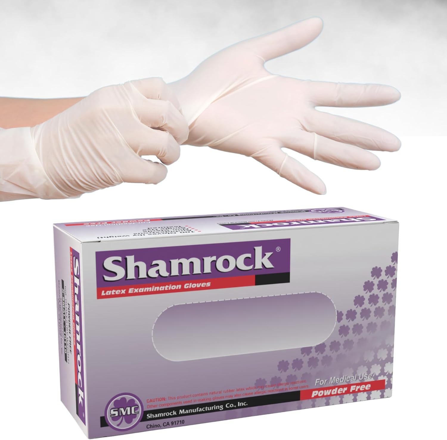 Shamrock 10112 Medical Grade Latex Gloves front view of 100 count box.