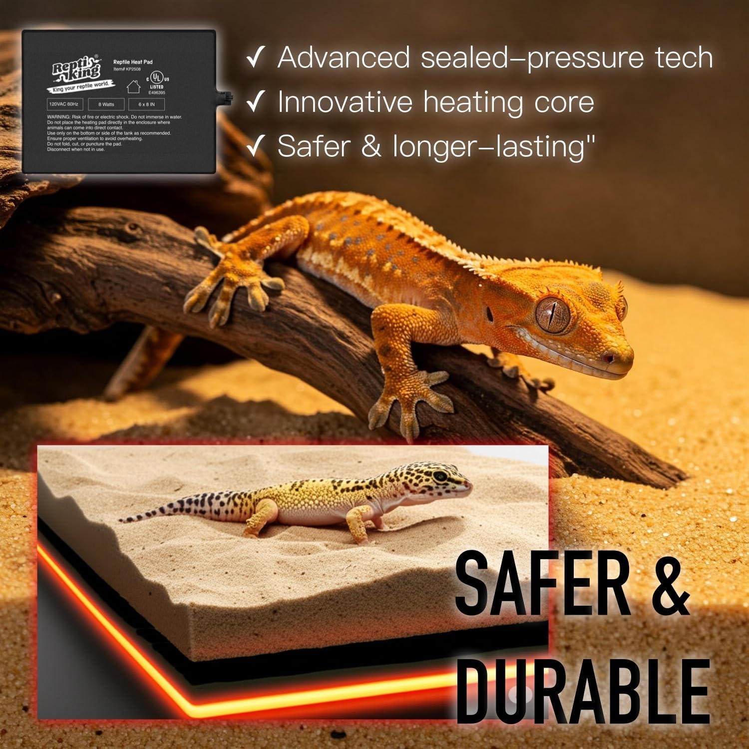 ReptiKing six by eight inch terrarium heater showing adhesive backing.
