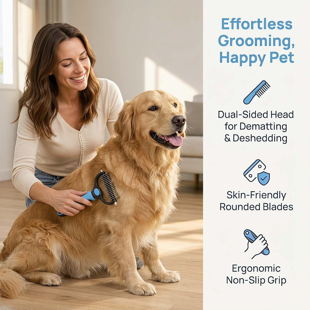 Blue dematting comb for cats and dogs side profile